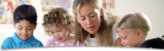 Woman helping children