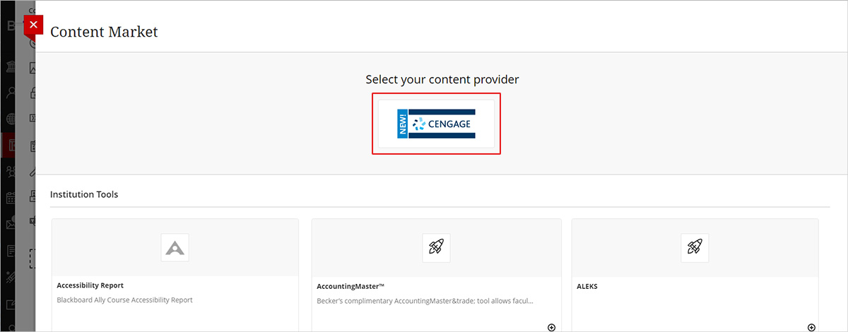 screenshot of content market in Blackboard highlighting Cengage link