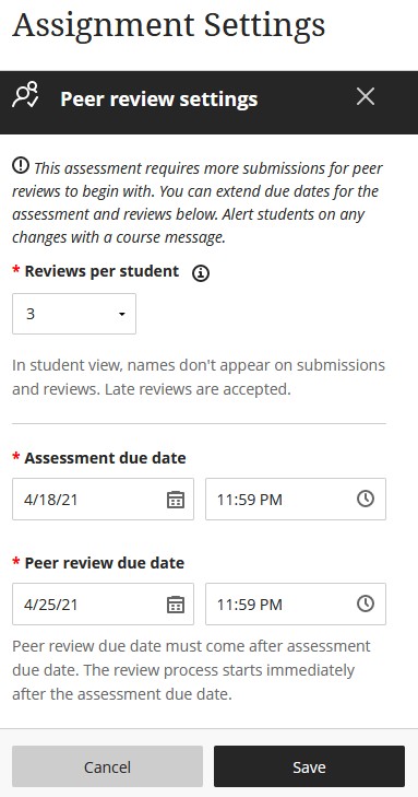 screenshot of peer review settings in Blackboard Ultra Course View