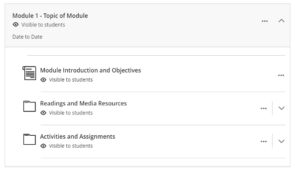 sample learning module, titled "Module 1 - Topic of Module" with a "Module Introduction and Objectives" document, "Readings and Media Resources" folder, and "Activities and Assignments" folder