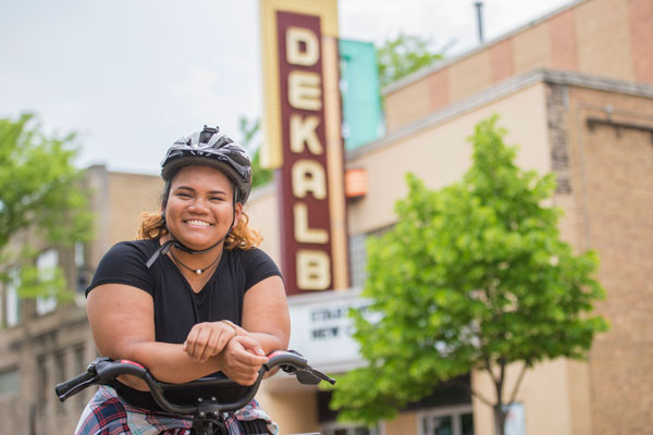 Student in downtown DeKalb