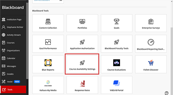 access course availability settings from the tools tab on the base navigation in Blackboard