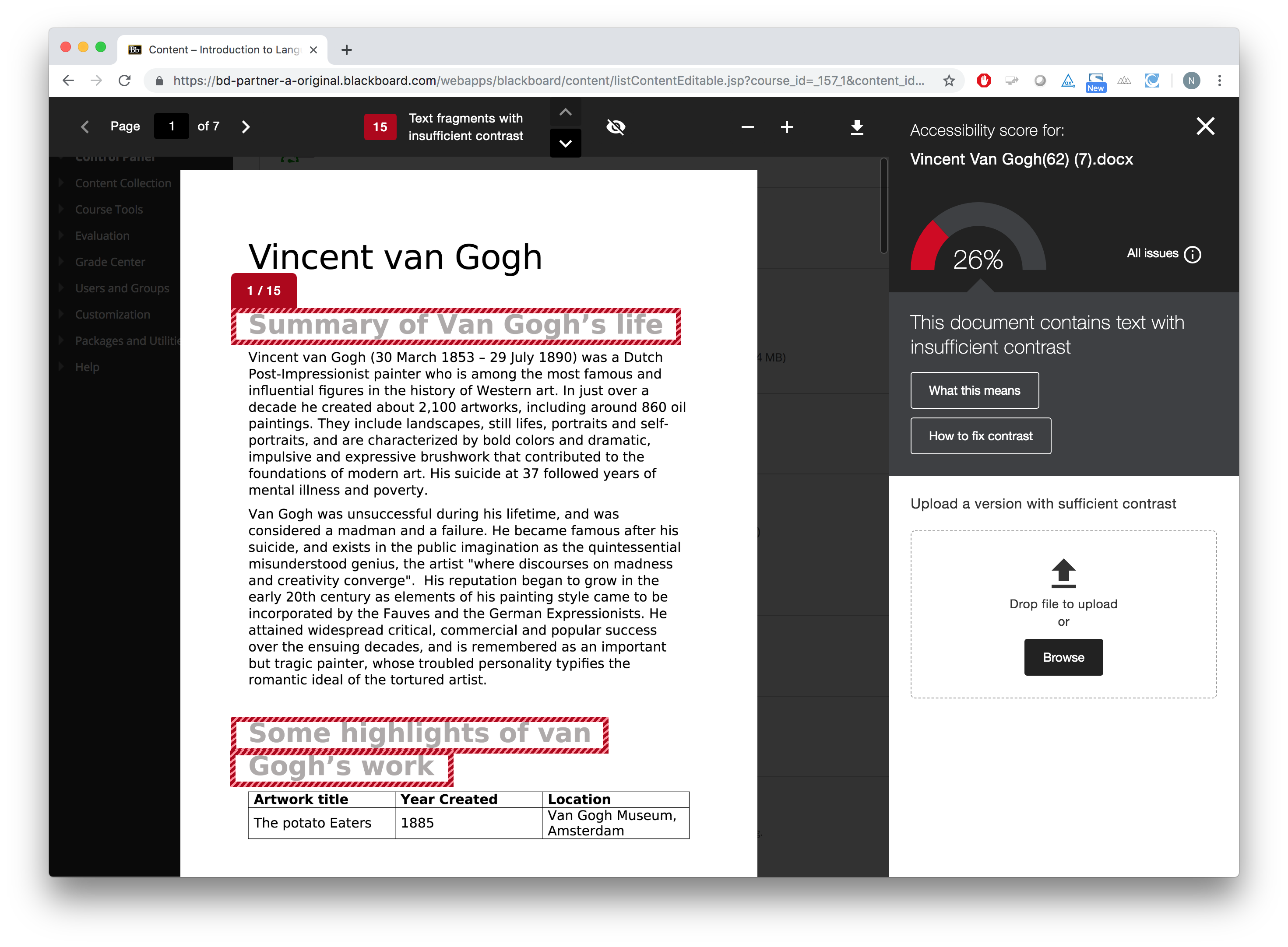 Blackboard Ally feedback panel shows a preview of the file to the left and the first issue to improve to the right, with portions of the file that contain that error highlighted