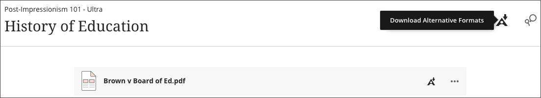 on a document in ultra course view, the alternative format icon appears at the top of the document and allows you to select which files in the document you wish to download as alternative formats