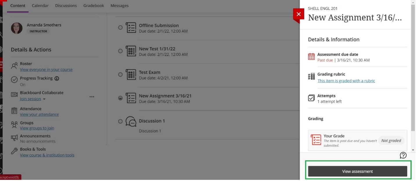view assessment button