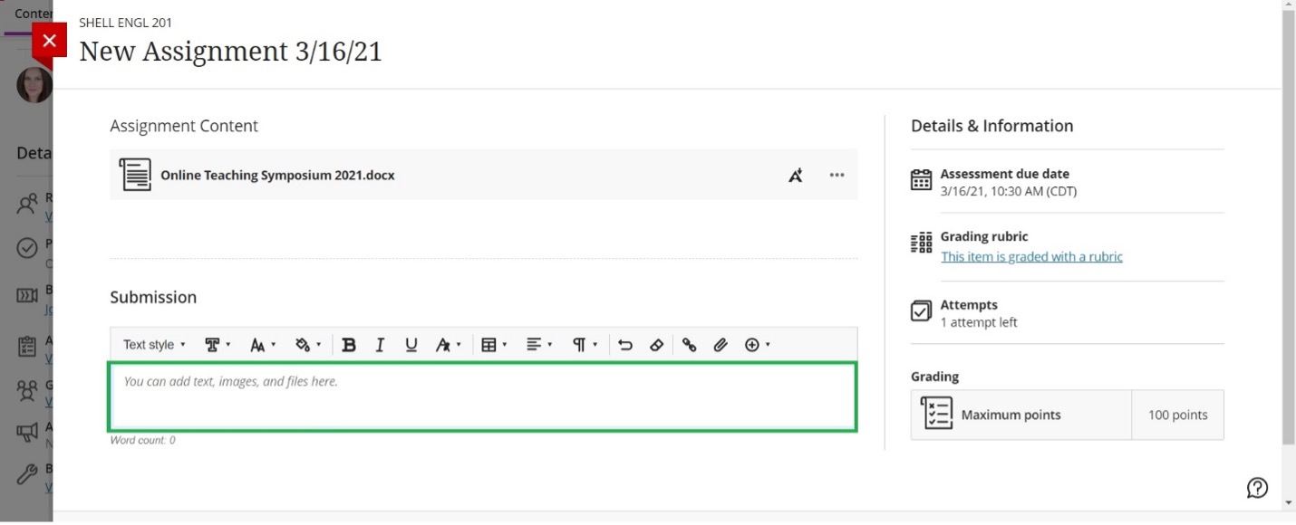 text box editor in the new assignment submission