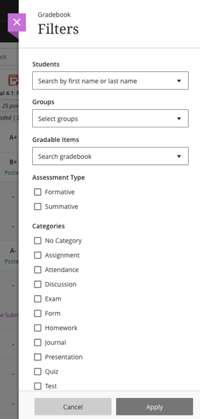 filter in the old gradebook opens a side panel where you can make individual selections