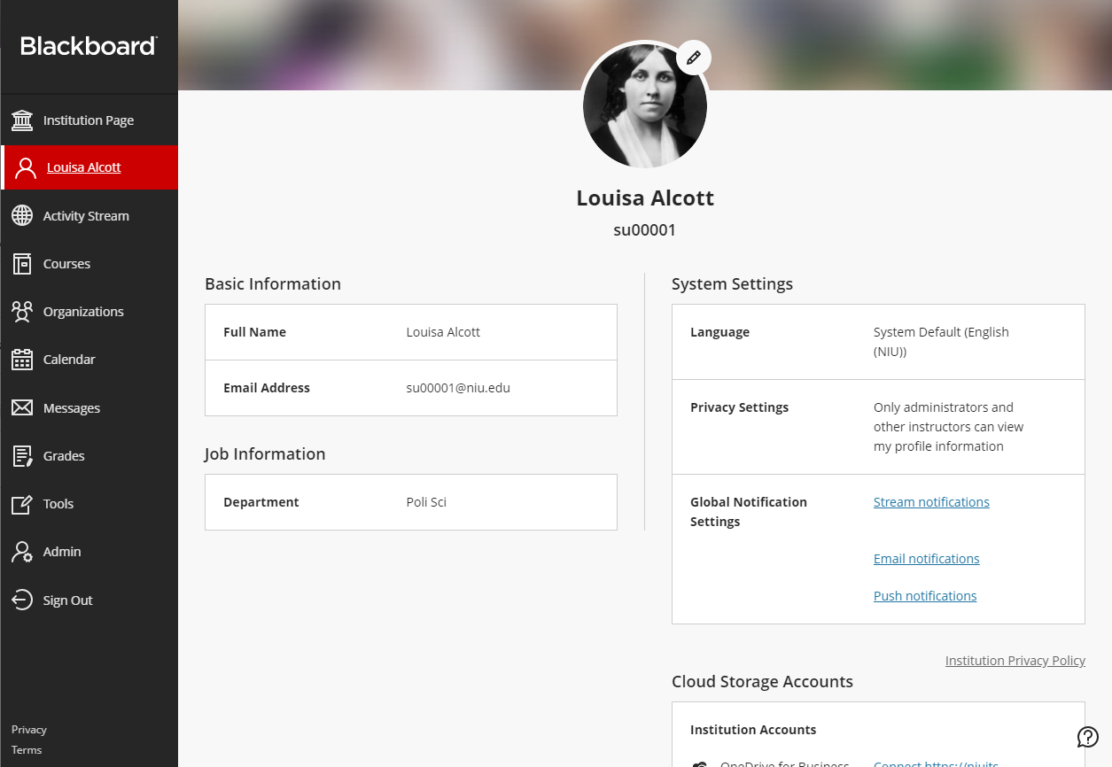 Blackboard profile page