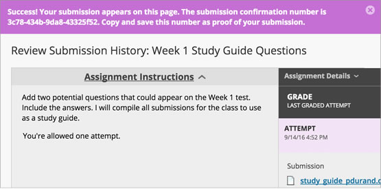 student submission receipt for an assignment