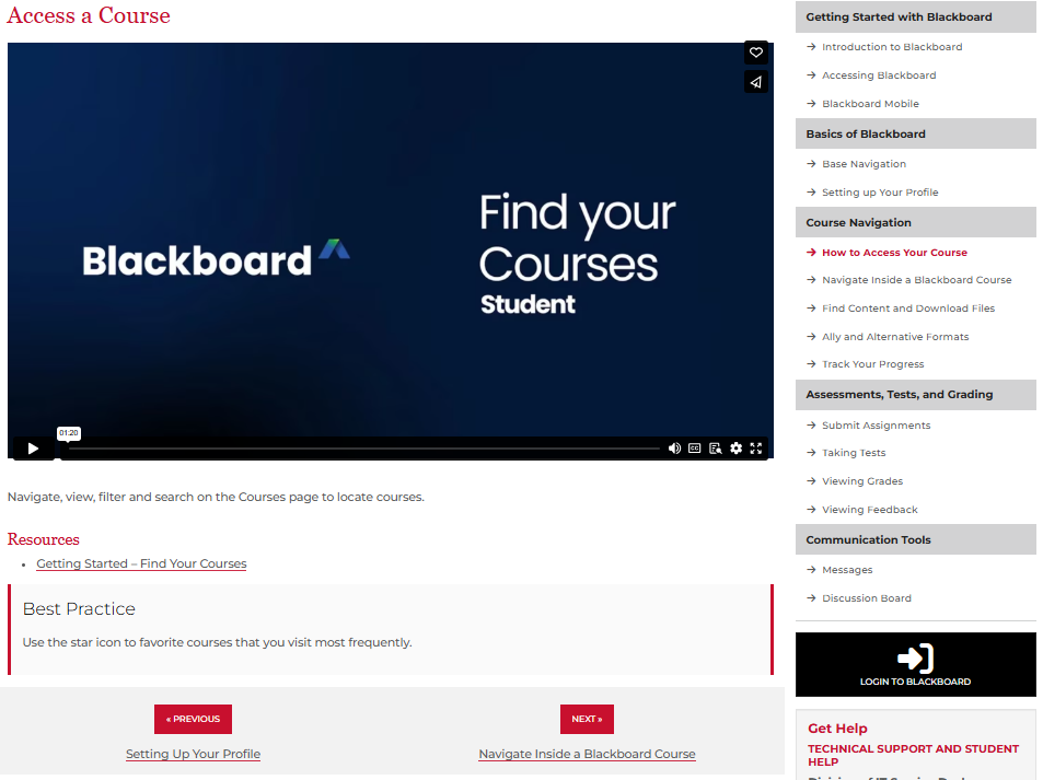 screenshot of a page of the tutorial that includes a video thumbnail, links to resources, a best practice tip, and buttons for sequential navigation