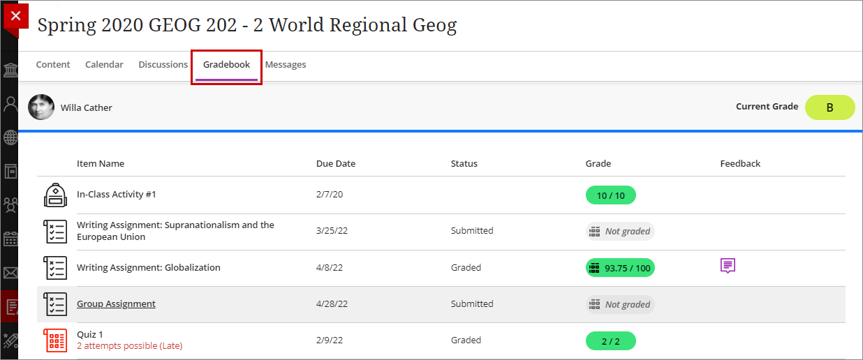 Click Gradebook in the top navigation to view your grades