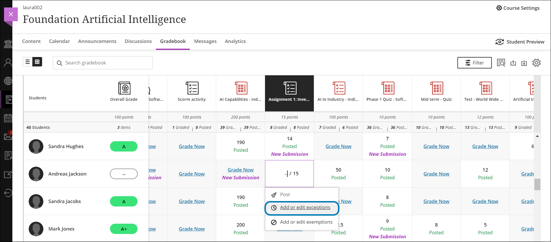 screenshot of the gradebook grid view with a single cell selected and the options menu open