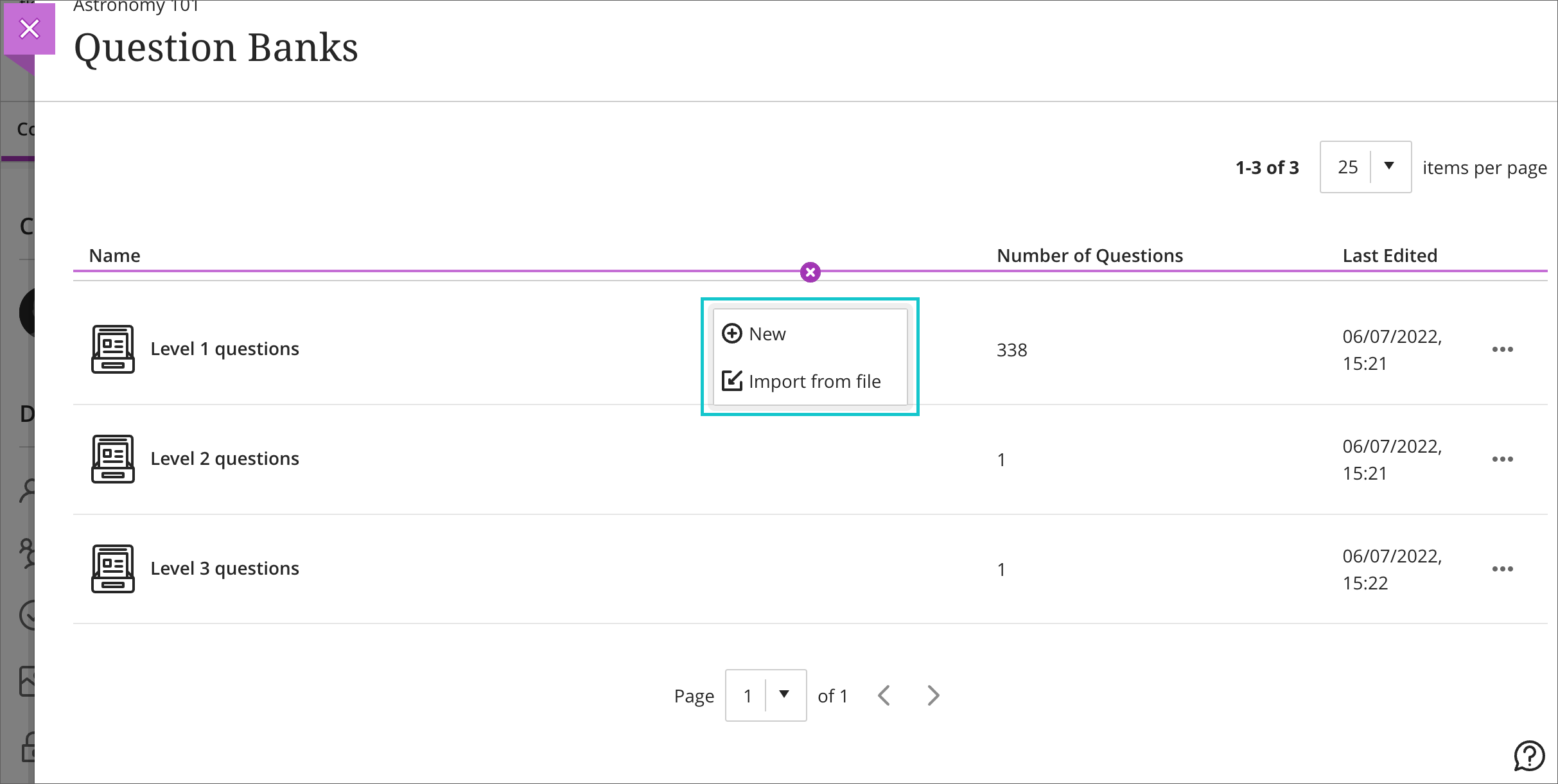 click the plus sign to create a new question bank or import an existing question bank package