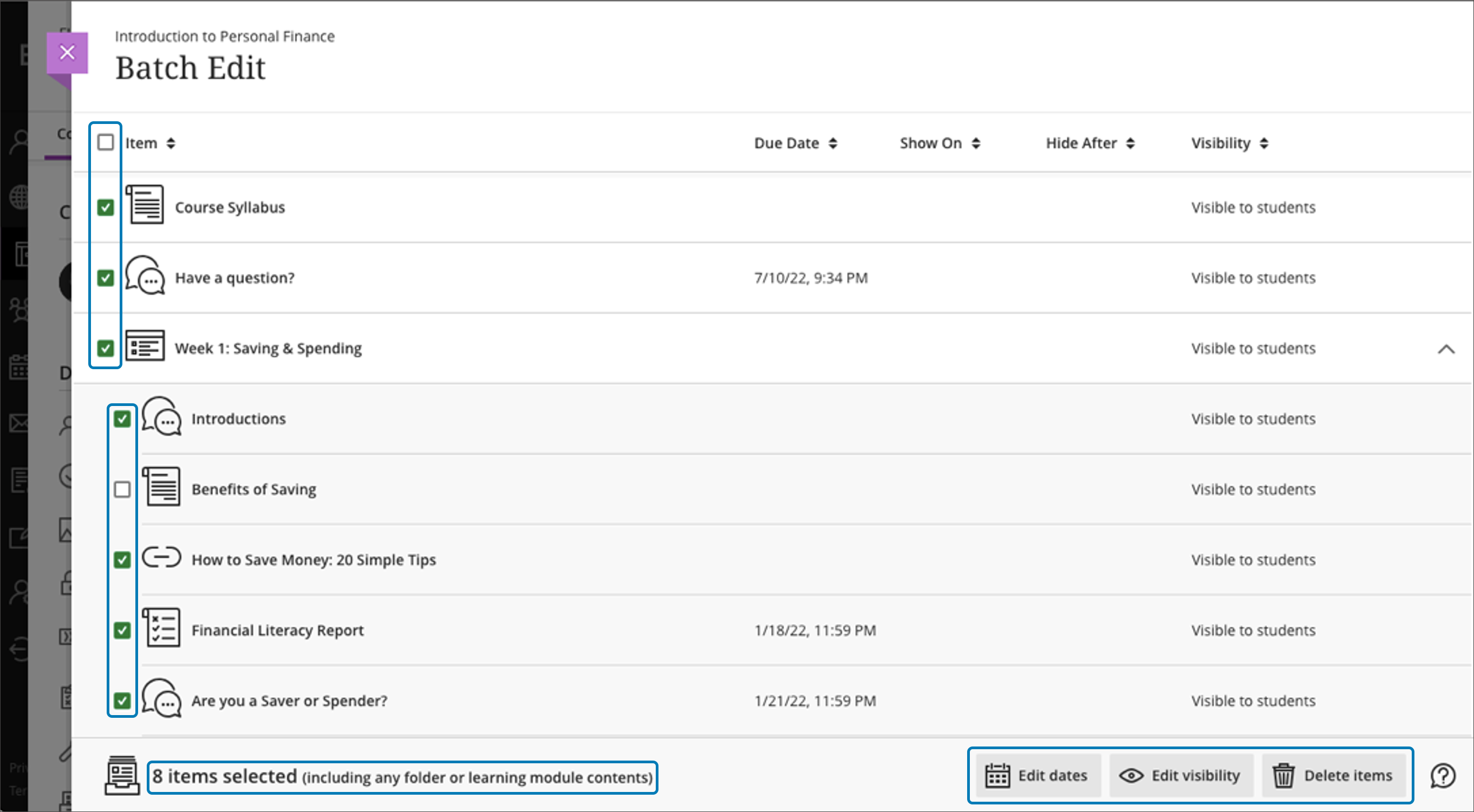 screenshot of batch edit page demonstrating multiple checkboxes to edit content in different folders