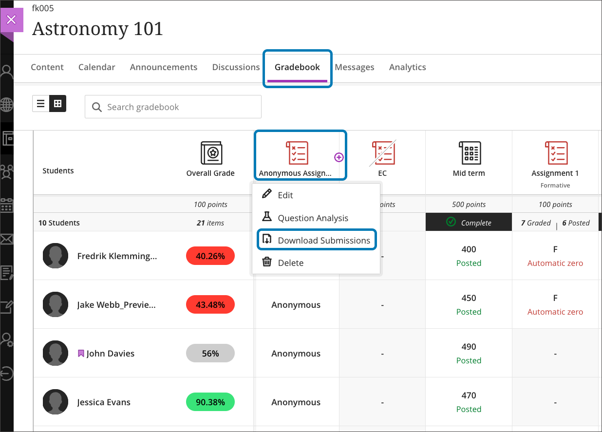 screenshot of Ultra Gradebook grid view highlighting the process to download submissions