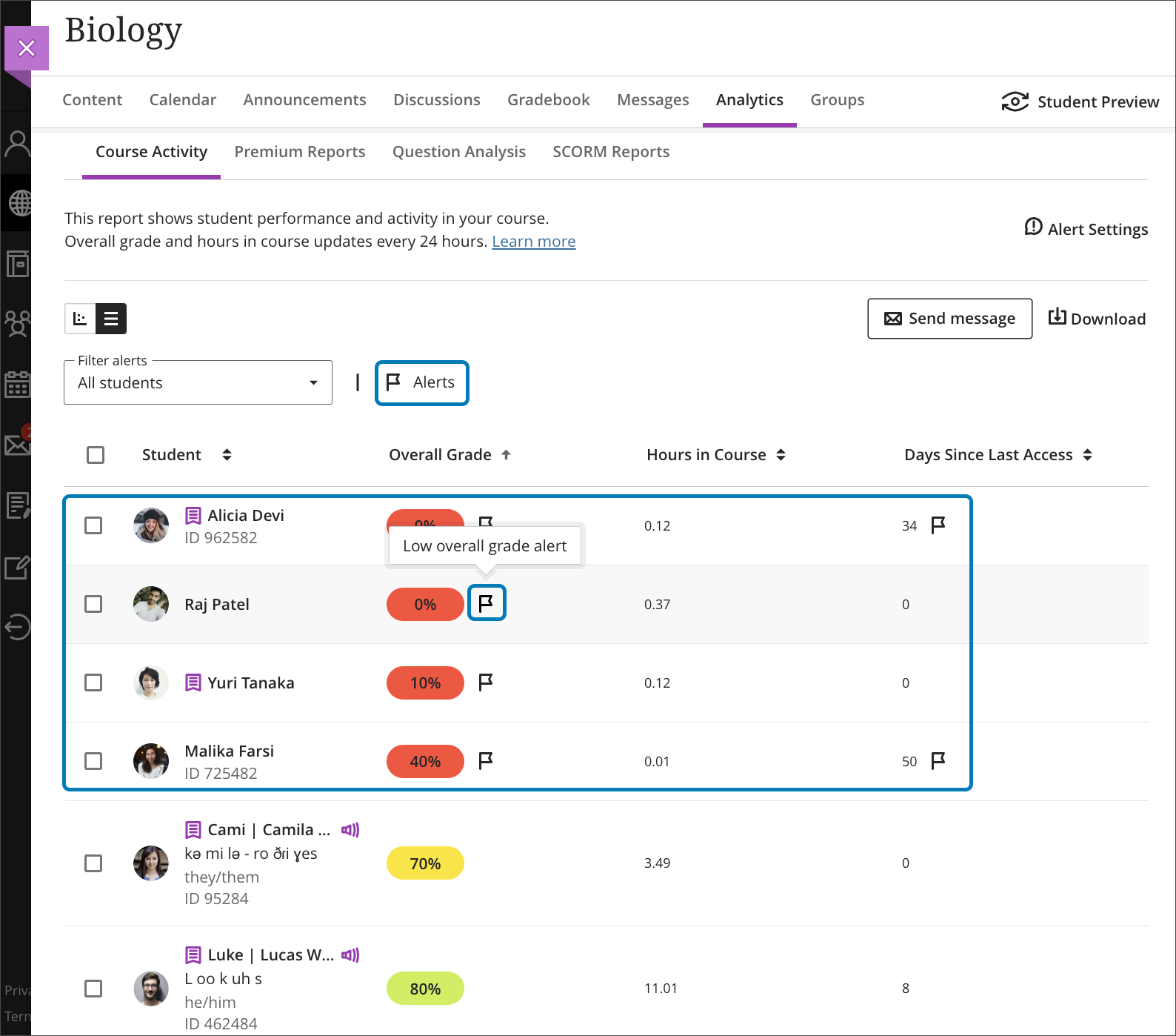 screenshot of the Course Activity report highlighting an alert flag for a student based on their overall grade