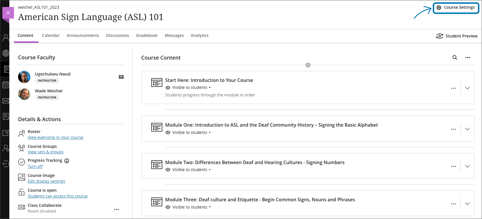 screenshot highlighting the Course Settings icon in the upper right corner of the course page