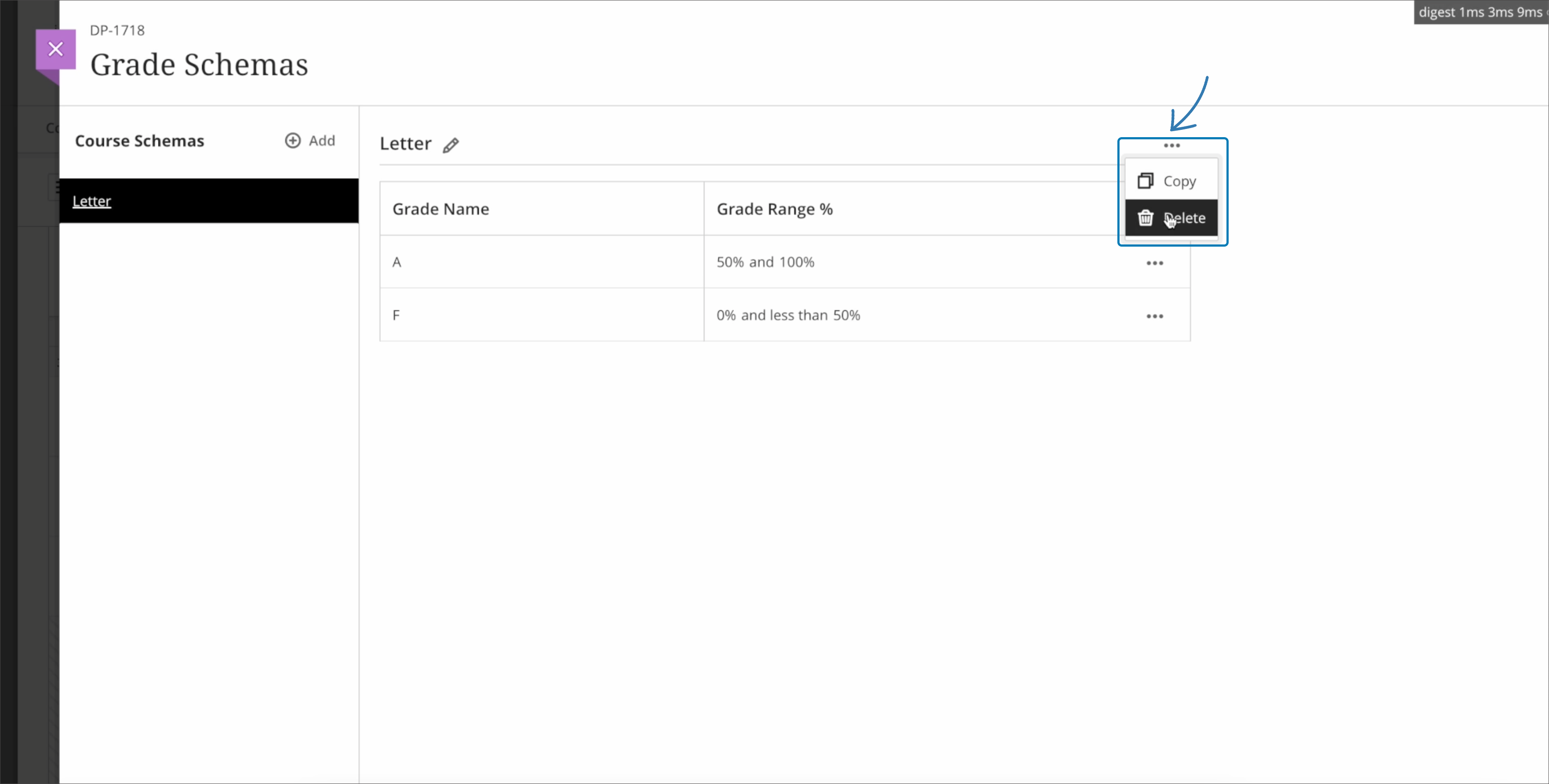 screenshot of grade schema page showing that the menu to delete a grade schema is just above the grade schema table