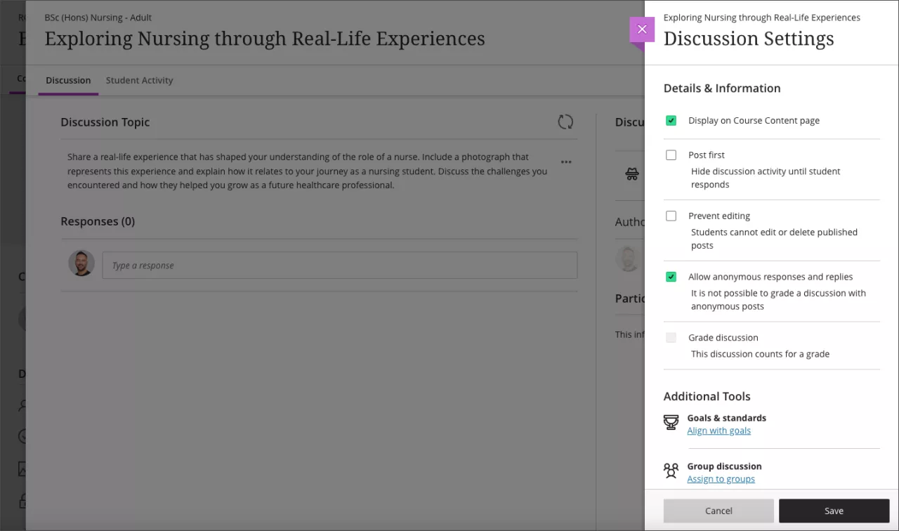 screenshot of settings for a discussion in the ultra course view