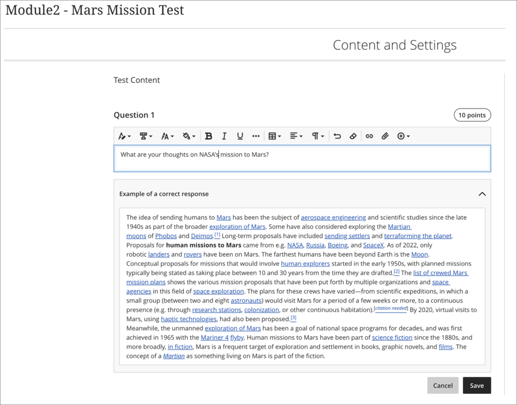 screenshot showing a model answer added to an essay question on a Test in the Ultra Course View