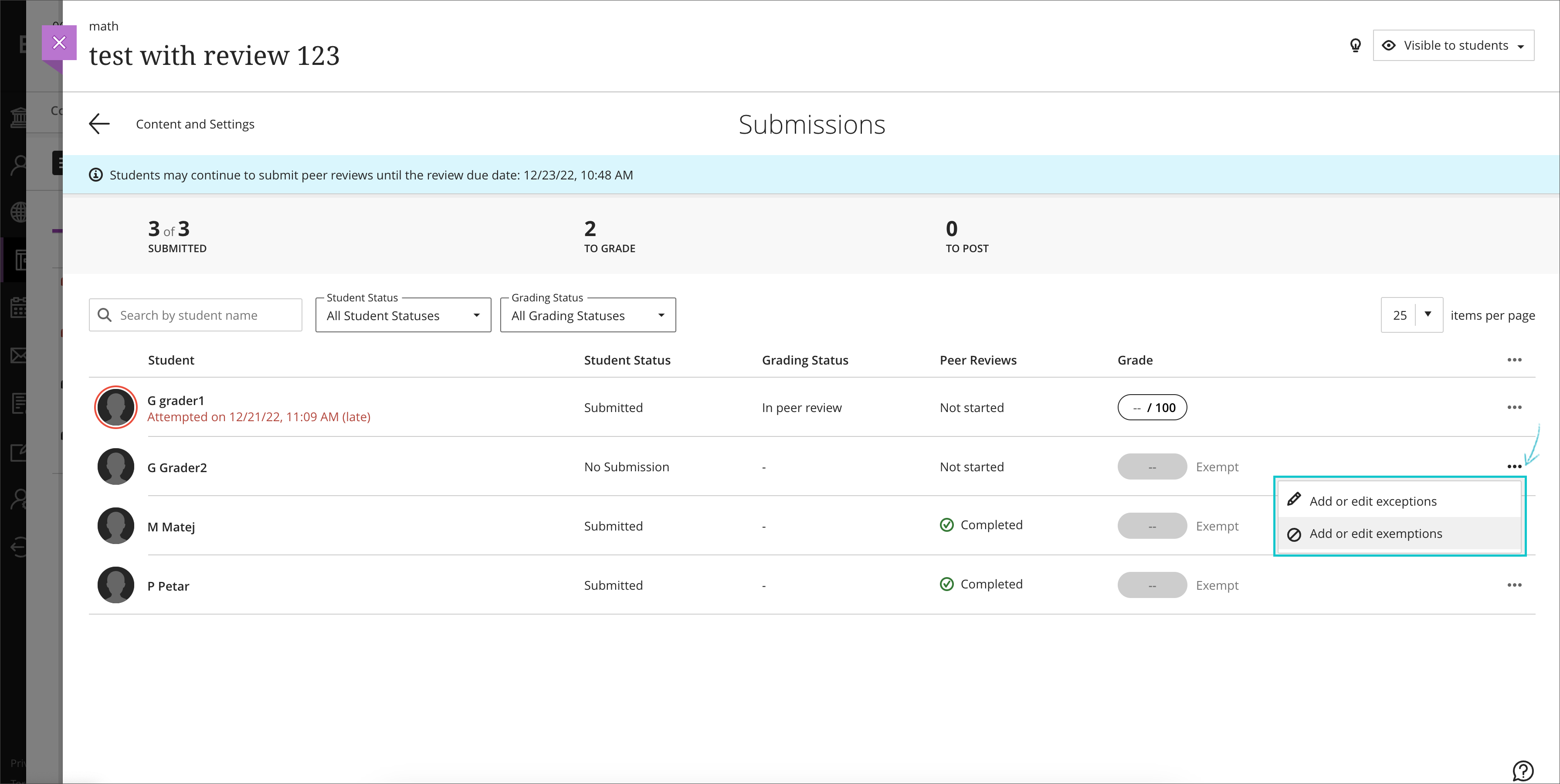 screenshot of the submission list view for an assessment highlighting the ellipsis menu to add or edit exemptions