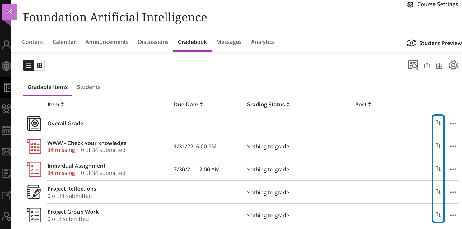 screenshot of Ultra Gradebook list view highlighting the column of Move icons