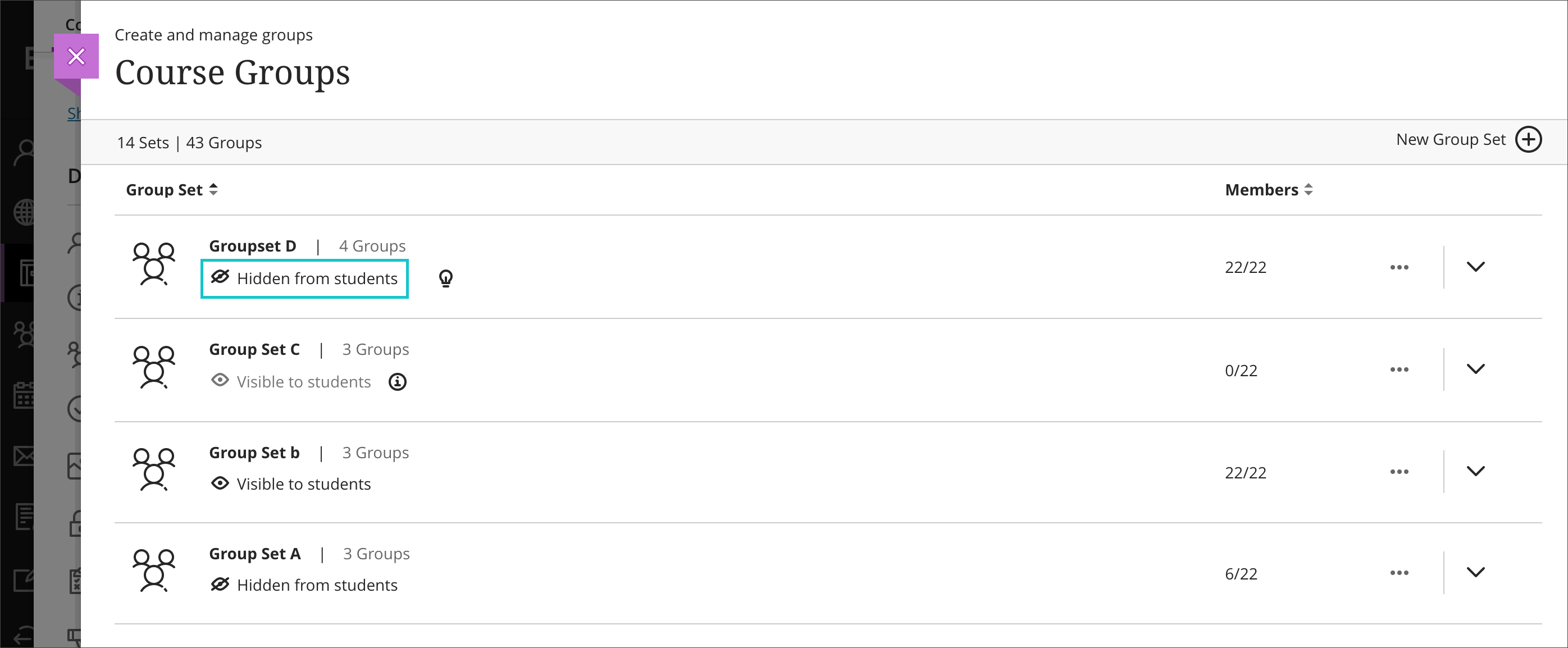 view and modify the visibility of a group set on the Course Groups page