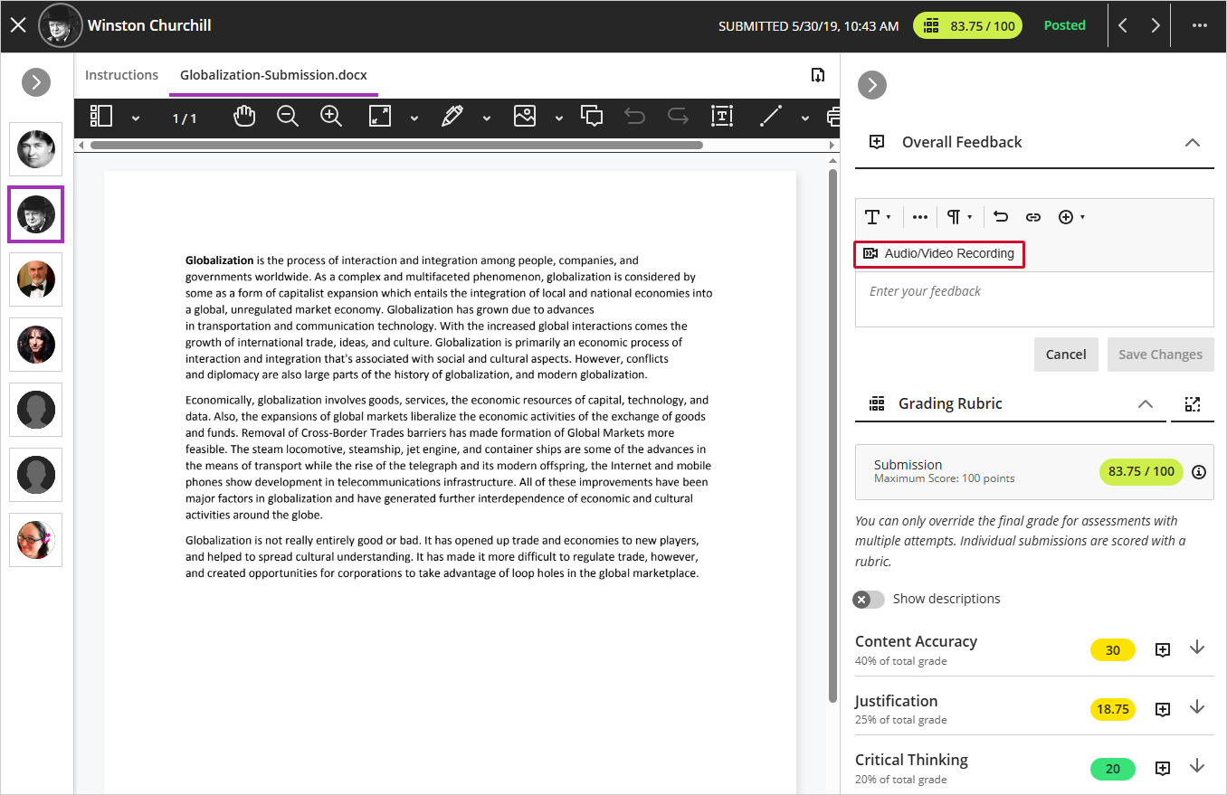 screenshot of Blackboard assignment grading interface highlighting the Audio/Video Recording button in the feedback panel
