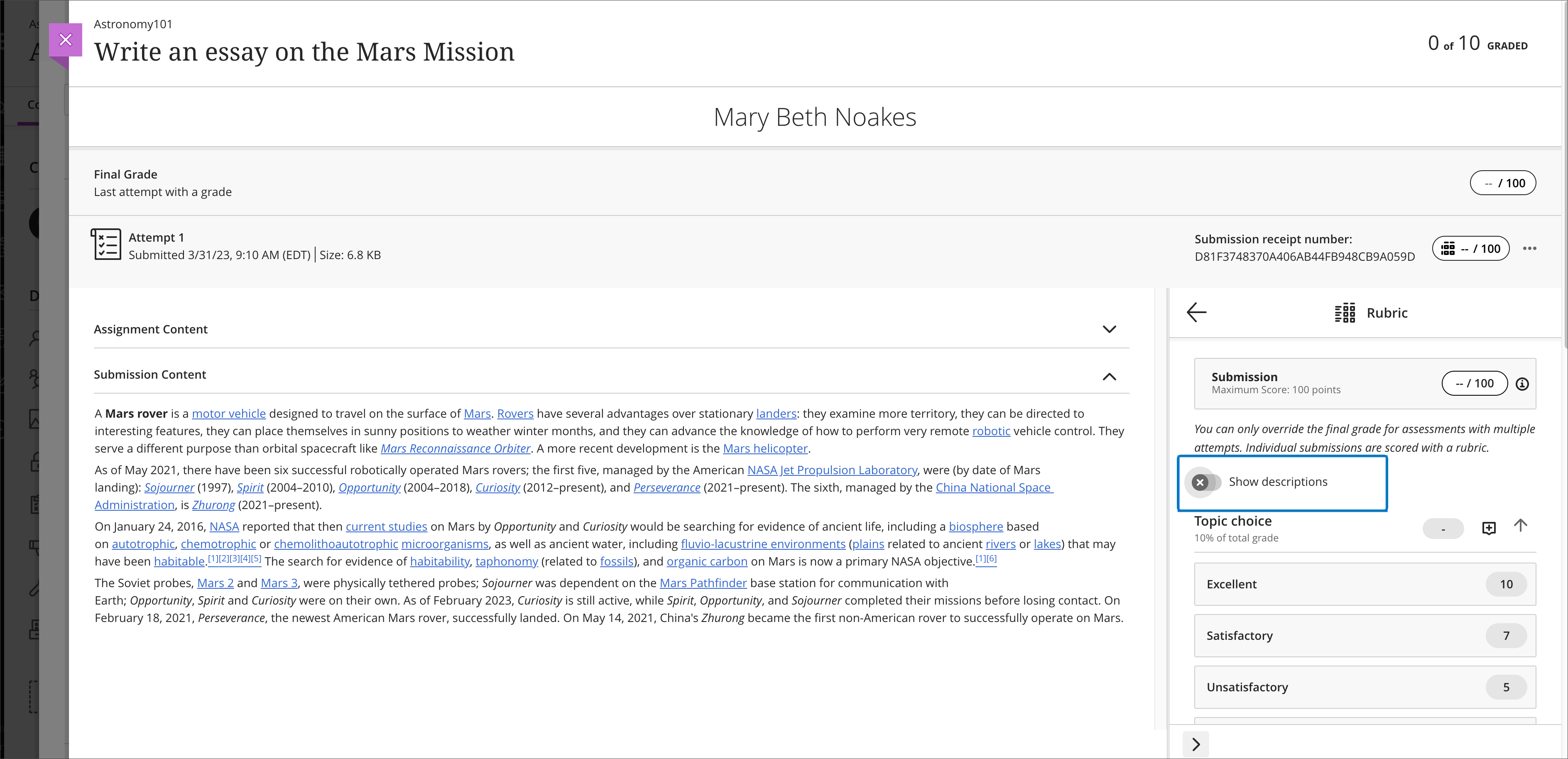 screenshot of a rubric used for grading an Assignment, highlighting the toggle to show descriptors