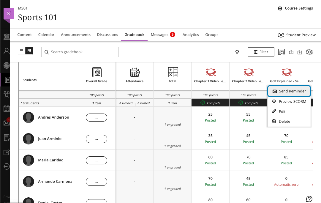 screenshot of the Ultra Course View gradebook in Grid View demonstrating the column header menu