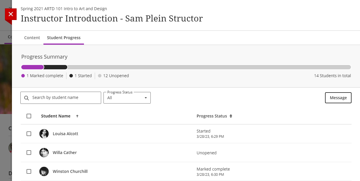 screenshot of the individual item progress reporting showing one student who started the item, on that has not opened it, and one that has marked it as complete