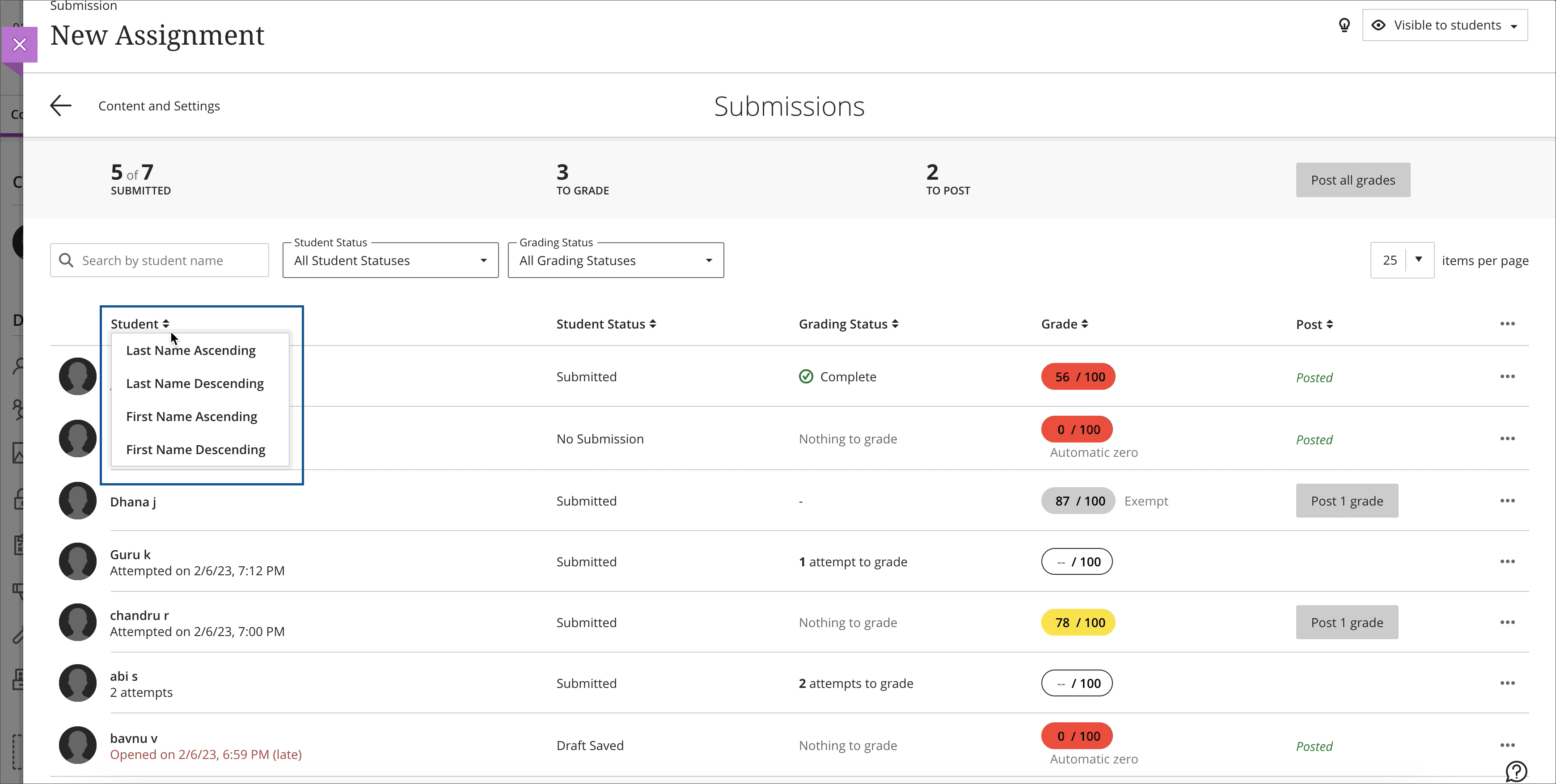 screenshot of assignment submission list showing sorting controls for column headers