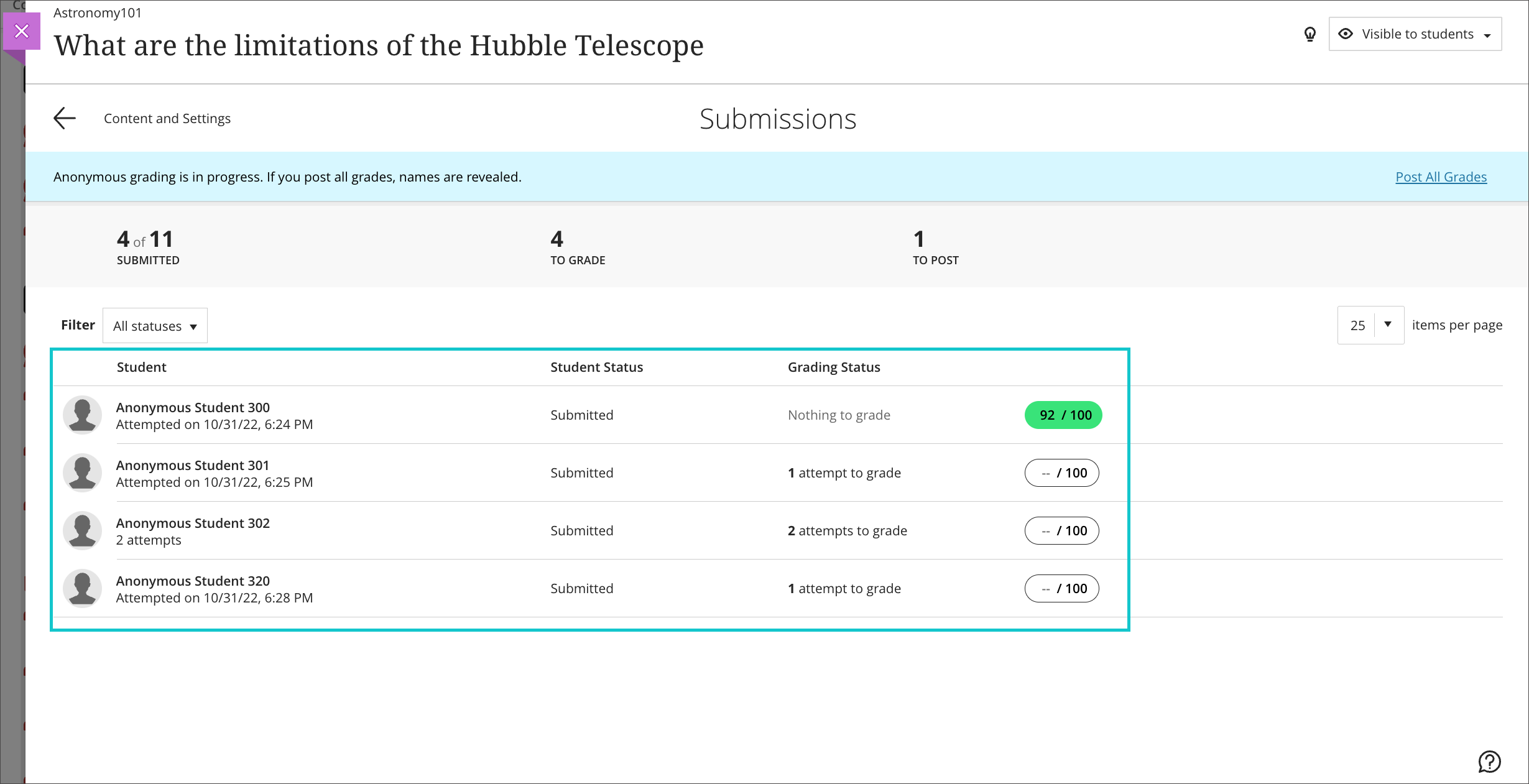 screenshot demonstrating that grades are viewable on grading submissions page when anonymously grading