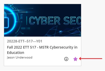 Card for the course with an arrow pointing to the starred button for the course