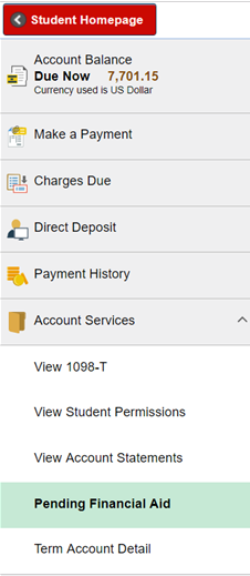 pending financial aid left navigation