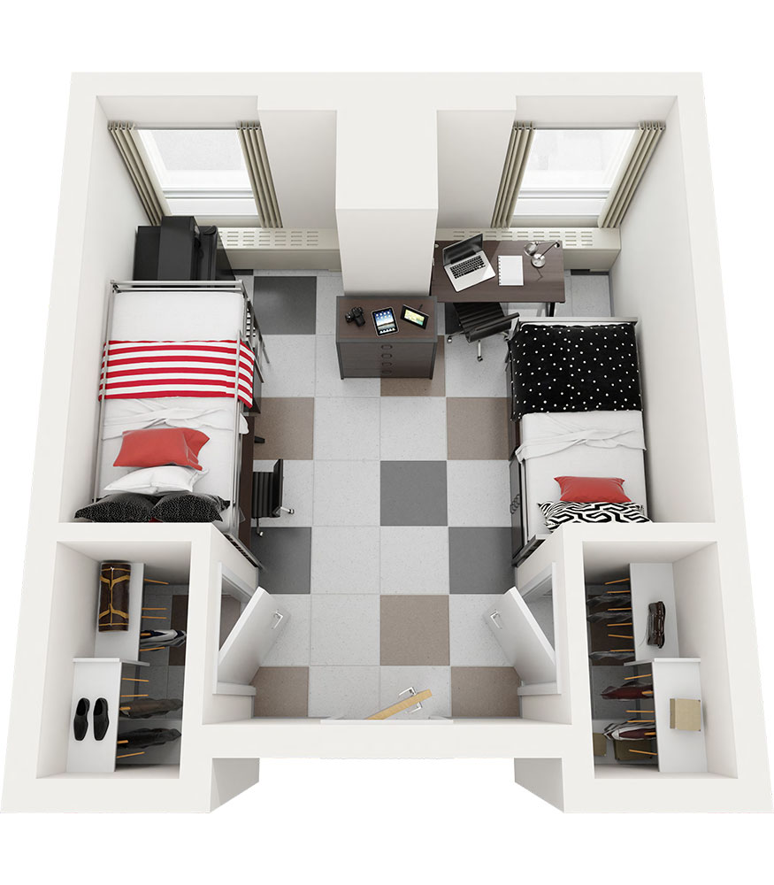 The Grant double room is designed for two residents, with each person having their own bed, desk, chair, closet with shelves, large and small dresser, and a movable shelf with a bulletin board. The room also includes a MicroFridge, Ethernet port, window drapes, overhead lighting, and tile flooring, with select rooms (D Tower only) featuring a mirror inside the closet door.