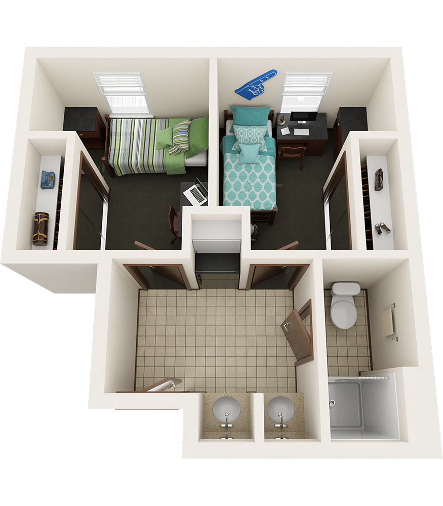 Each Patterson Hall mini-suite includes two bedrooms, each furnished with a bed, closet, desk, nightstand, dresser, chair, window blinds, Ethernet port, overhead lighting, and a mirror on the closet doors. The shared space features a vanity area with two sinks, storage, and mirrors, along with a bathroom that includes a shower, shower curtain, and toilet. Additional amenities include tile flooring, a microfridge, and a storage cabinet above the microfridge.