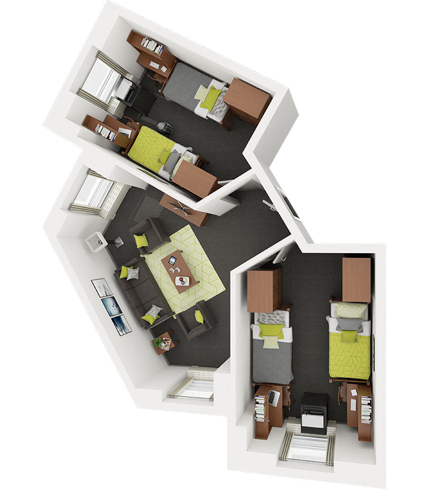 The four-person Stevenson suite includes two bedrooms, each furnished for two residents with beds, wardrobes, desks, large and small dressers, rolling chairs, and movable shelves with bulletin boards, along with sliding keyboard trays, a MicroFridge, Ethernet port, window drapes, overhead lighting, and mirrors in the wardrobes. Shared spaces include a living room with a sofa, coffee table, two chairs, and a small table, as well as a bathroom featuring a shower, toilet, sink, and under-sink storage.