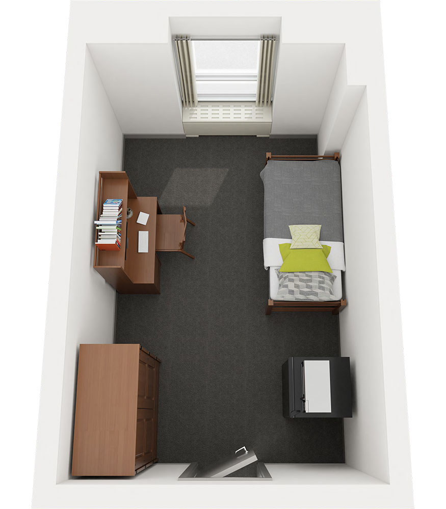 The Stevenson single includes a bed, wardrobe, desk, large and small dresser, rolling chair, and a movable shelf with a bulletin board. It also features a sliding keyboard tray, MicroFridge, Ethernet port, window drapes, overhead lighting, and a mirror in the wardrobe.