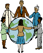 Graphic of people holding hands around a globe
