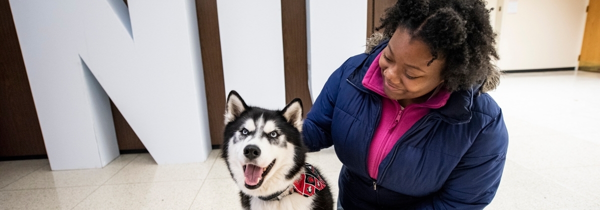 Student smiling with Mission, the husky, in front of NIU sign.