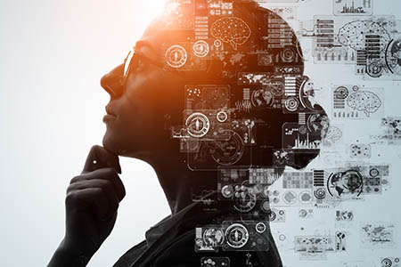 student pondering with abstract data processing icons overlaid