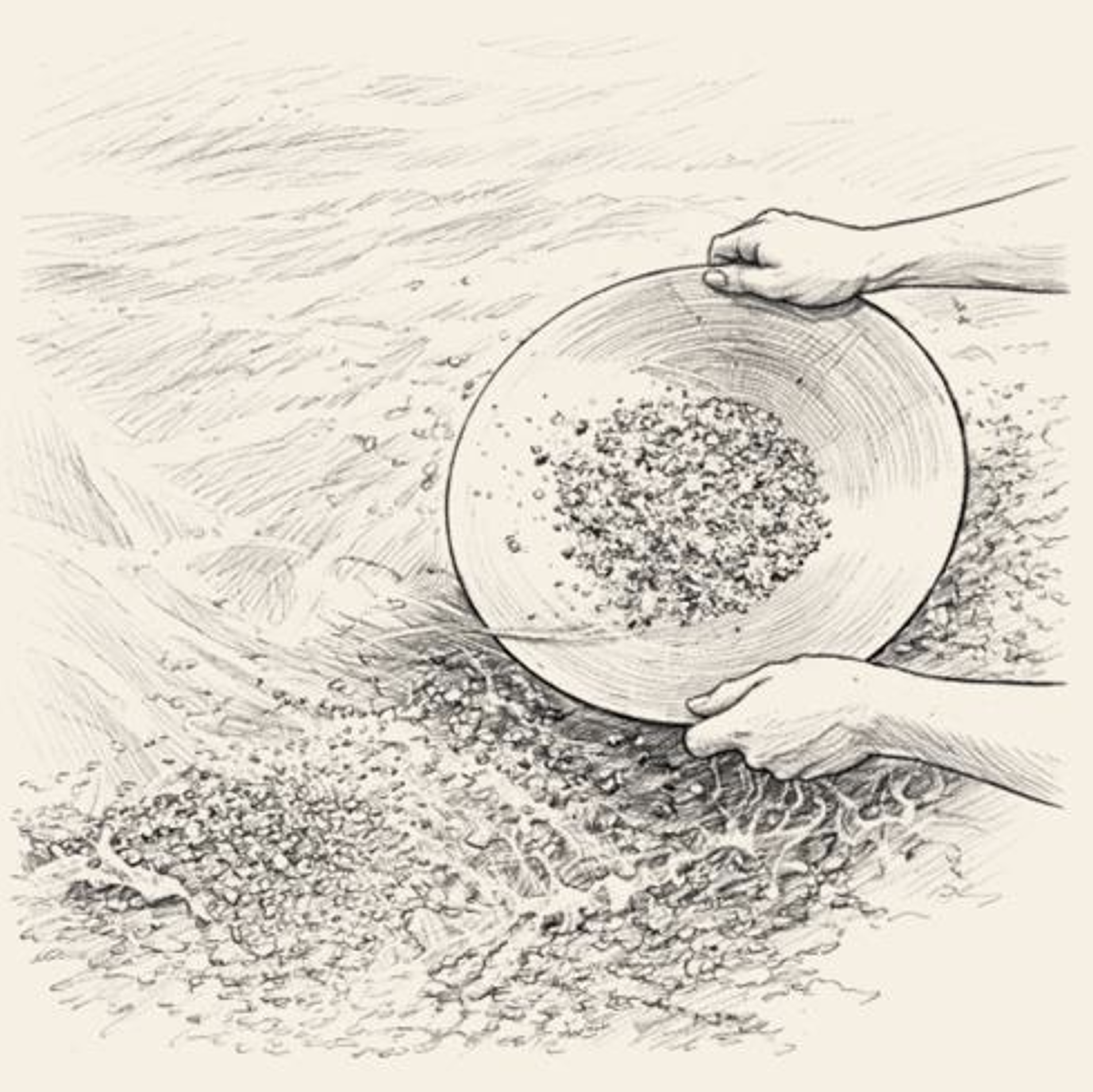 two hands holding a pan with dirt and other material in the pan