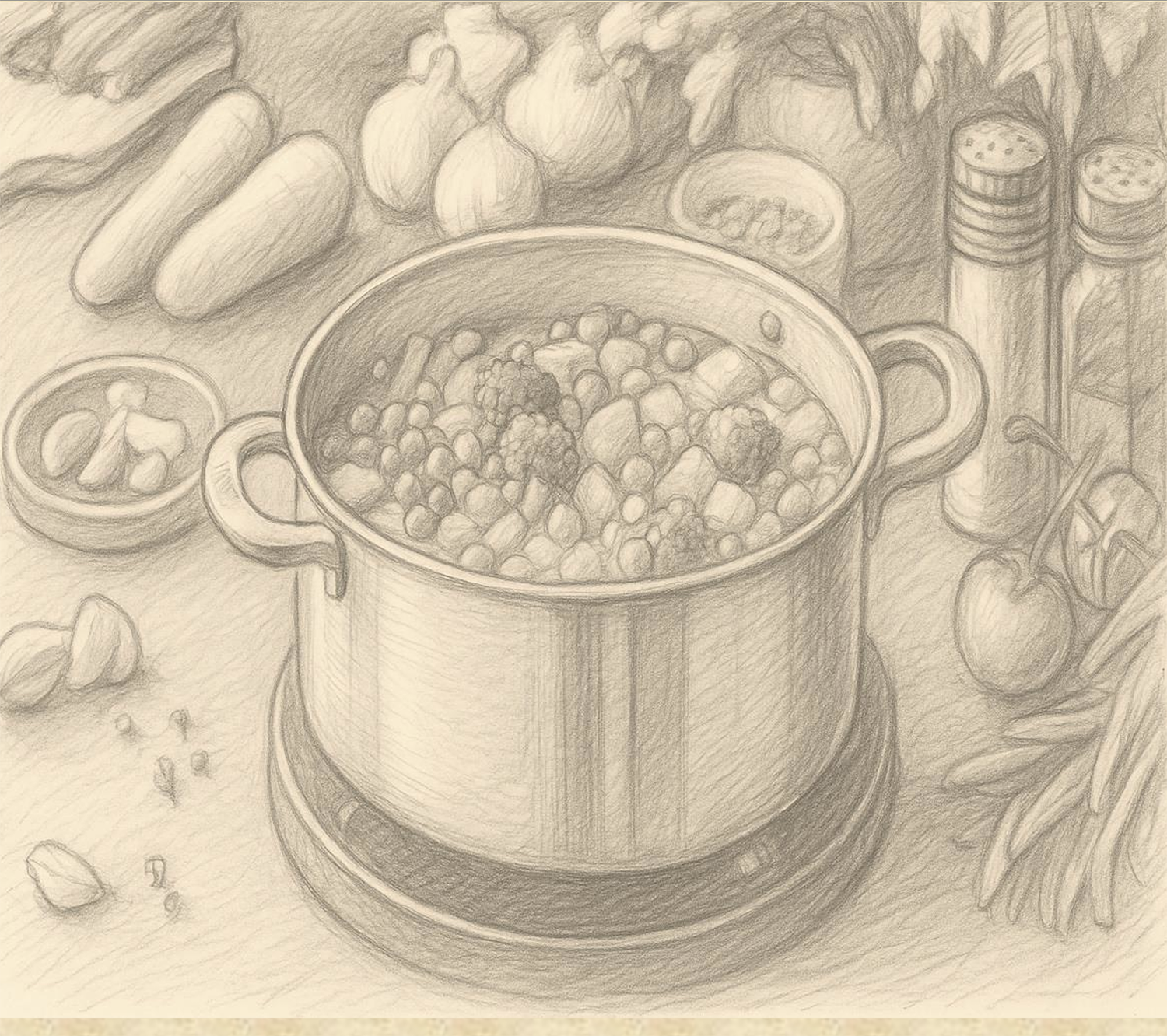 pot with food inside, other ingredients surrounding the pot on a table