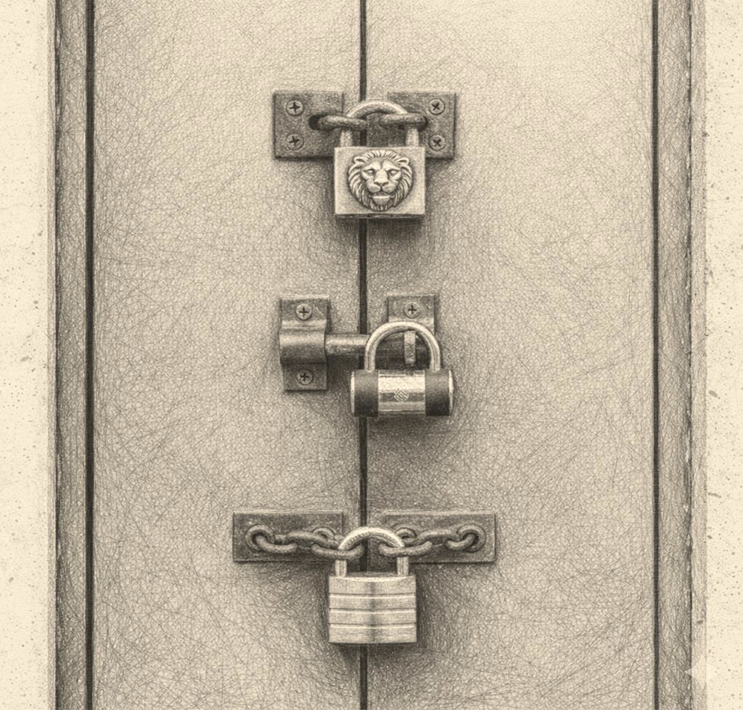 three padlocks, above the other, locking a door