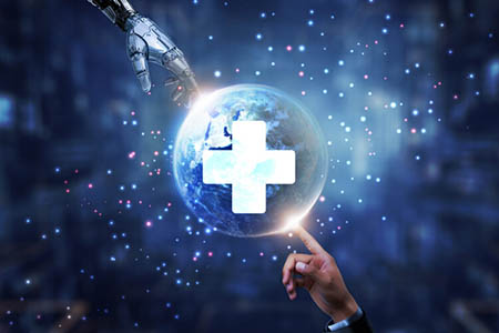 illustration of the earth with a plus sign over it, with robot and human hands stretched out and touching