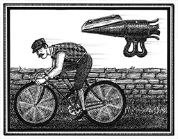 Man on bicycle chased by large, grotesque flying pencil sharpener