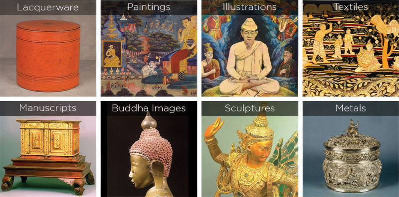 Screen capture showing types of art in database: lacquerware, paintings, illustrations, textiles, manuscripts, Buddha images, sculptures, metals