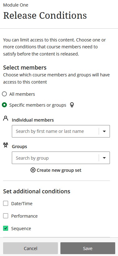 screenshot of release condition settings in Blackboard Ultra Course View