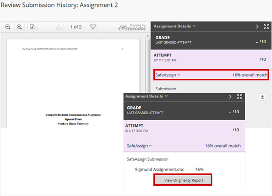 Highlighting the links and buttons to press to access the SafeAssign Originality Report